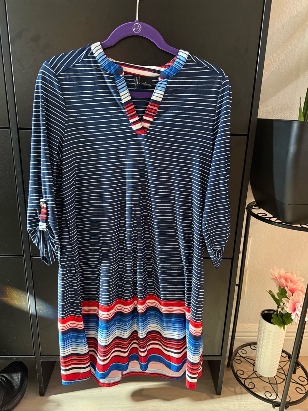 new directions Navy Striped Dress with Red and Blue Accents